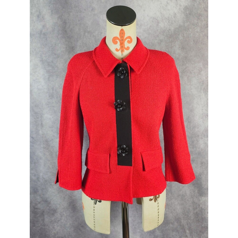 St John Santana Knit Short Jacket Camelia Button Snap Elegant Red Black Womens 4